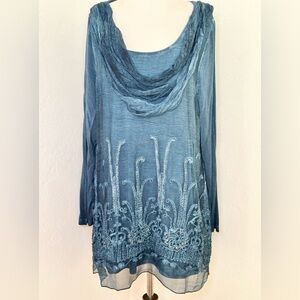 100% Silk Shell Soft Surroundings Top Womens Teal Blue Silk Blend Long Sleeve XL